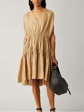 JOSEPH Lema 100% Ramie Voile Plisse Dress Tan US 6 EU 38